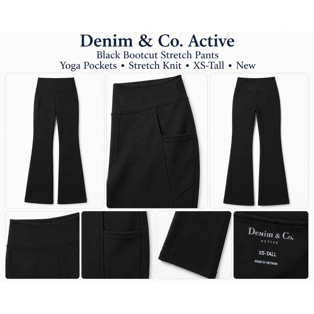 Denim & Co. Active Black Bootcut Stretch Pants Yoga XS-Tall Pockets Stretch Knit